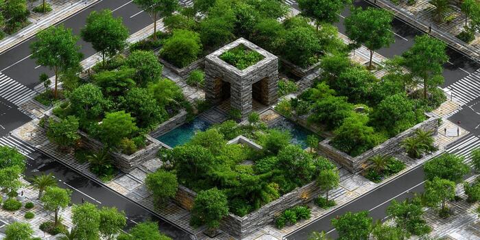 This is an isometric view of a serene urban park, blending nature with modern architecture. photo