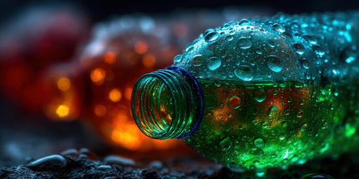 A stunning macro shot captures a wet bottle filled with a glowing, colorful liquid. photo