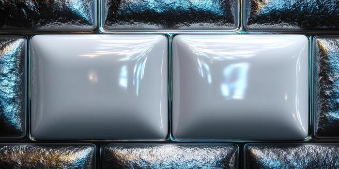 Glossy white tiles with contrasting textured blue-gray create a modern geometric design. photo