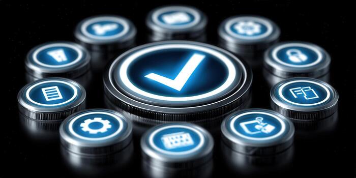 A blue glowing checkmark button, signifying validation, surrounded by interface icons on a dark backdrop. photo