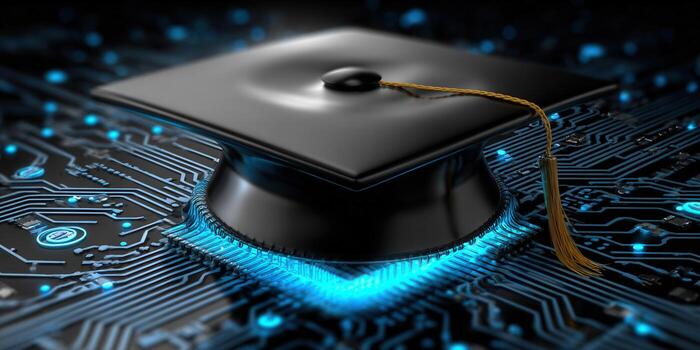 Graduation cap on a glowing circuit board, symbolizing online education and digital learning photo