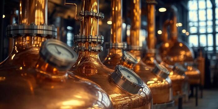 Copper stills in a distillery create a warm and inviting industrial scene. photo