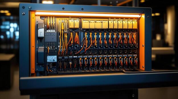 Intricate view of a server cabinet filled with complex electronic components and wiring. photo
