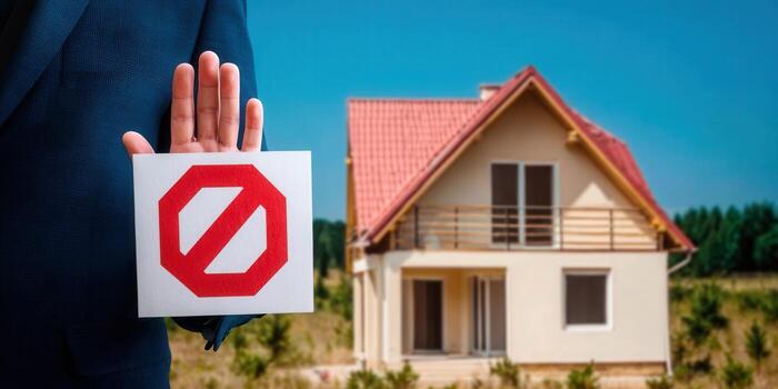 un mano mostrando un No firmar bloques acceso a un casa en el fondo, sugerencia restricción. foto