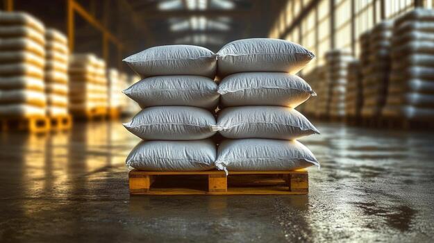Bags stacked on a pallet inside a warehouse, creating an industrial scene. photo