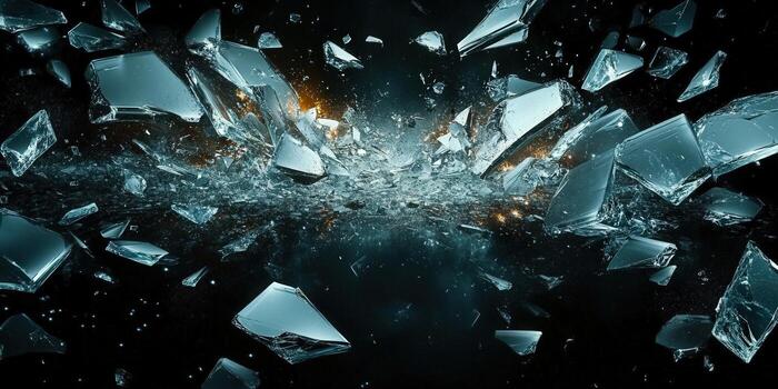 Shattered glass pieces explode, creating a dramatic and abstract visual effect. photo