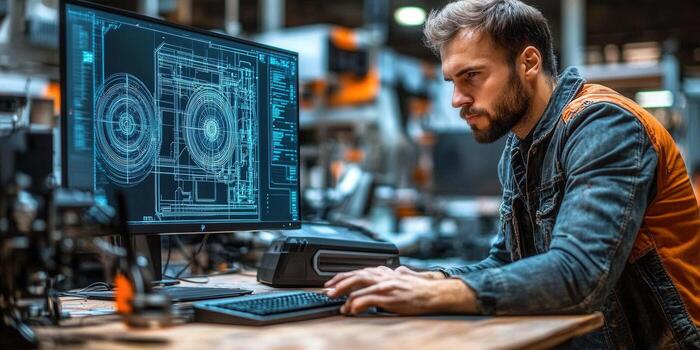 An engineer reviews blueprints on a computer in a factory environment, focused and dedicated to his work. photo