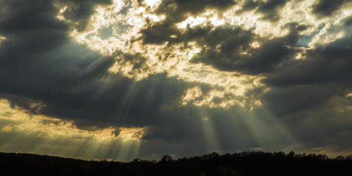 Sunlight streams through dramatic, dark clouds, creating a breathtaking and scenic view over the trees. photo