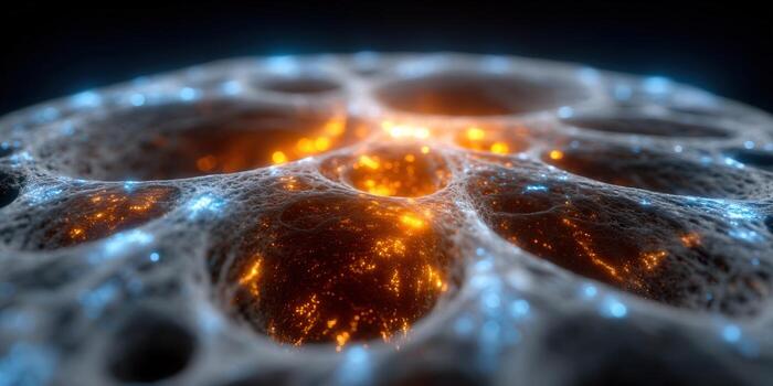 Intricate abstract cellular structures are illuminated with vibrant orange and blue light. photo