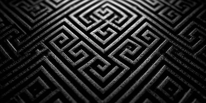 A striking black and white image features a detailed geometric maze pattern up close photo
