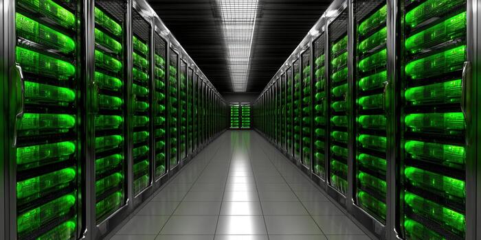 Inside a cutting-edge data center with rows of illuminated server racks. photo