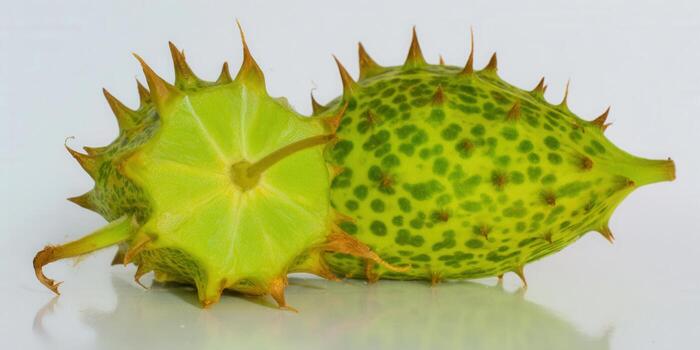 Close-up of a halved kiwano fruit with its distinctive green color and spikes. photo