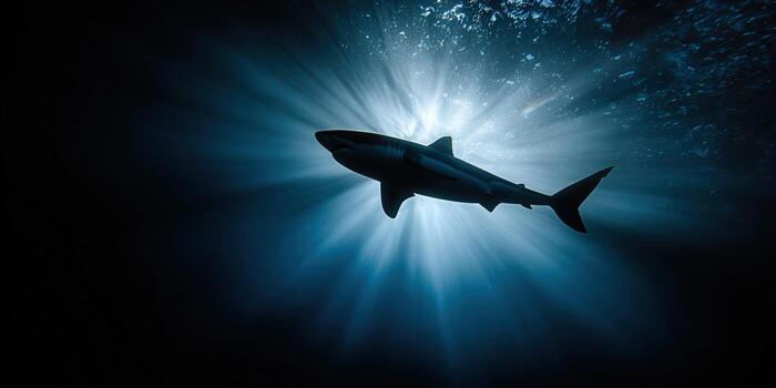 A shark silhouetted against the sun's rays in the deep ocean. photo