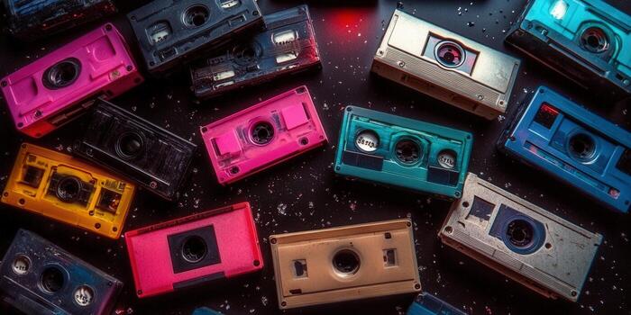 A vibrant collection of retro audio cassettes, evoking a sense of nostalgia and music. photo