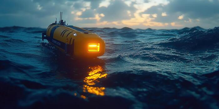 A yellow submarine navigating the deep ocean at dusk, a symbol of exploration and discovery. photo