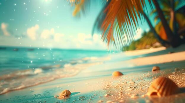Seashells on a sunny beach with ocean waves and palm trees in the background. photo