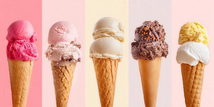 A vibrant display of assorted ice cream cones, perfect for a sweet summer treat. photo