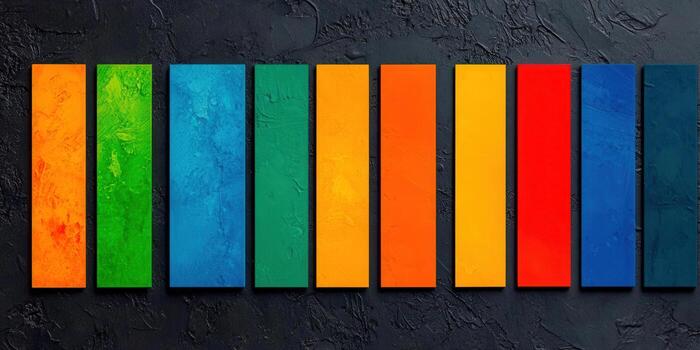 A striking composition of colorful rectangles on a textured dark background. photo