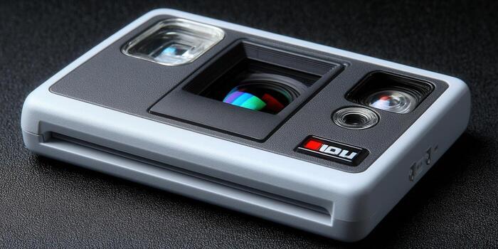 This uniquely designed, retro camera showcases modern technology and a futuristic aesthetic, perfect for photography enthusiasts. photo