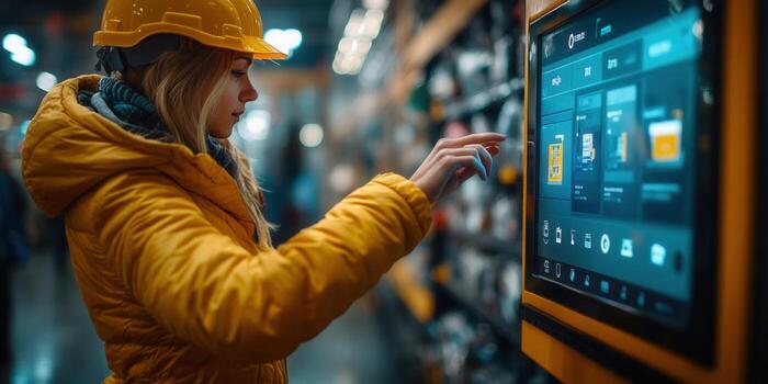 A female worker using a touchscreen interface in a modern industrial facility. photo