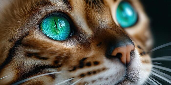 Captivating close-up portrait of a Bengal cat with mesmerizing turquoise eyes and patterned fur. photo