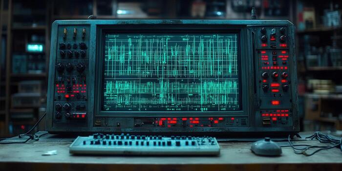 An antique oscilloscope and keyboard on a desk, showcasing data analysis and retro technology photo