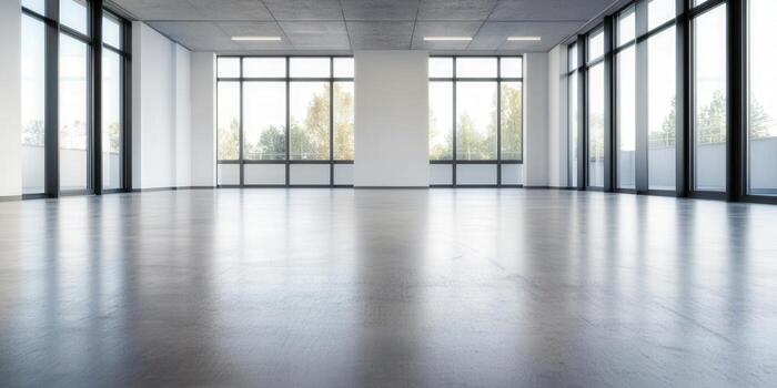 Modern, empty office space with large windows and a reflective concrete floor. photo