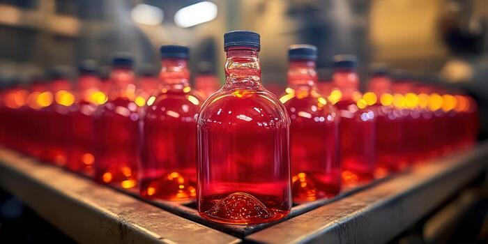 A row of red bottles on a production line, suggesting a manufacturing process and business. photo