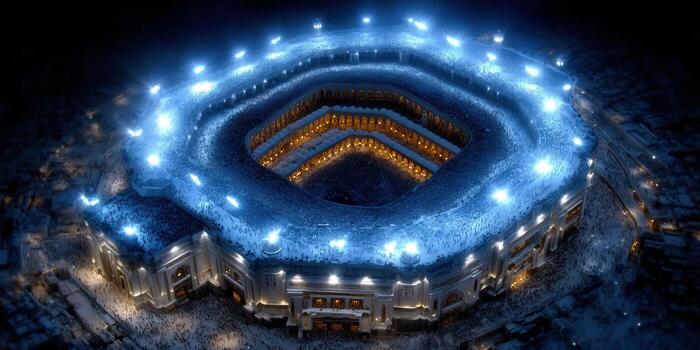 An aerial night view of a vibrant stadium illuminated with bright lights and a crowd. photo