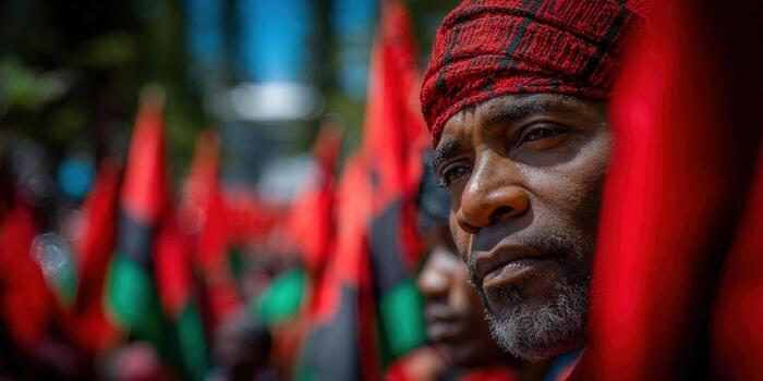 A serious man with a red head wrap is looking thoughtfully with flags in the background. photo