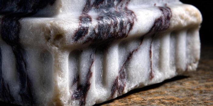 Intricate marble sculpture with striking color and vein patterns in close-up detail. photo