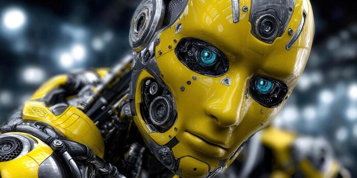 A captivating, close-up portrait of a futuristic android with bright blue eyes and yellow metallic features. photo