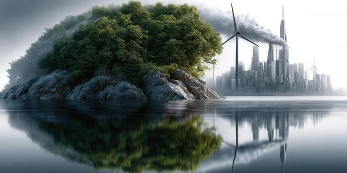 The image depicts a compelling scene of nature's tranquility versus industrial pollution and development. photo