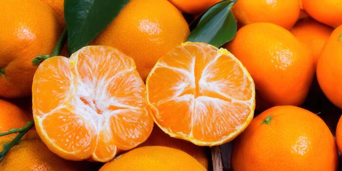 Fresh tangerines, one opened, displaying vibrant orange segments and juicy details. photo