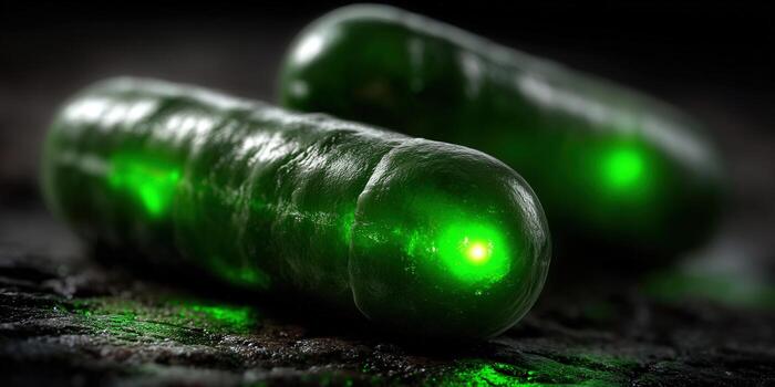 Two glowing green objects rest on a dark, textured surface, exuding a captivating inner light. photo
