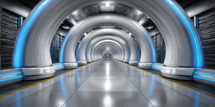 A futuristic hallway with glowing archways, leading into a server room. photo