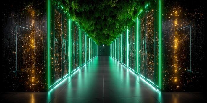 Stunning server room featuring green neon lights and a unique green ceiling design. photo