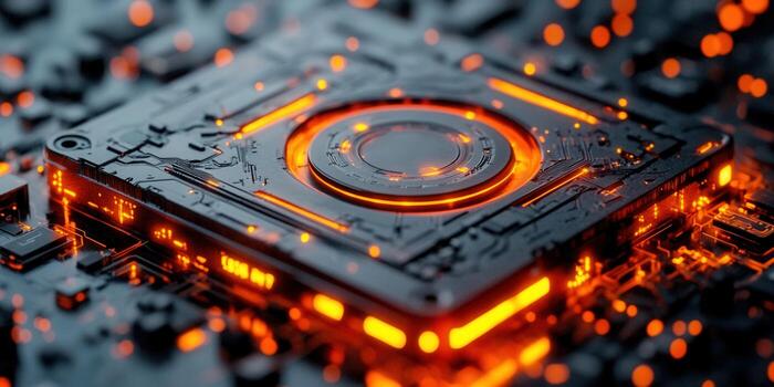 Intricate circuit board illuminated by glowing orange and yellow lights, a symbol of advanced technology. photo