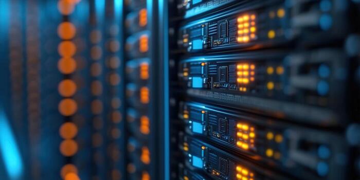 A close-up view of a server rack lit with orange and blue lights in a data center. photo