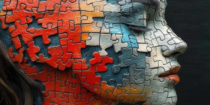 A unique artwork showing a woman's face assembled with puzzle pieces. photo