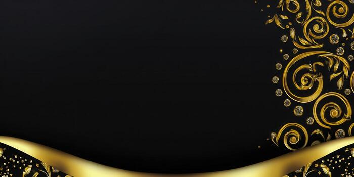 Elegant black and gold background with ornate swirls and a touch of glamour. photo