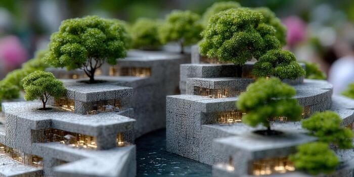 This architectural model showcases a serene landscape with buildings and trees, perfect for design inspiration. photo