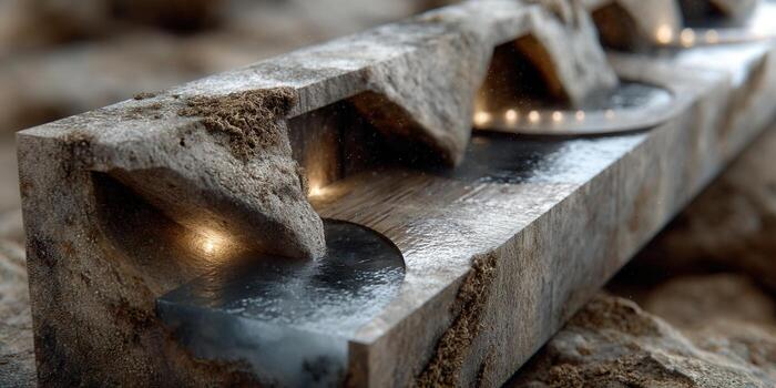 An abstract stone structure with flowing water and internal lights, a modern art piece. photo
