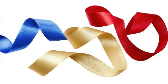 Vibrant ribbons in blue, gold, and red, creating a festive and elegant design. photo