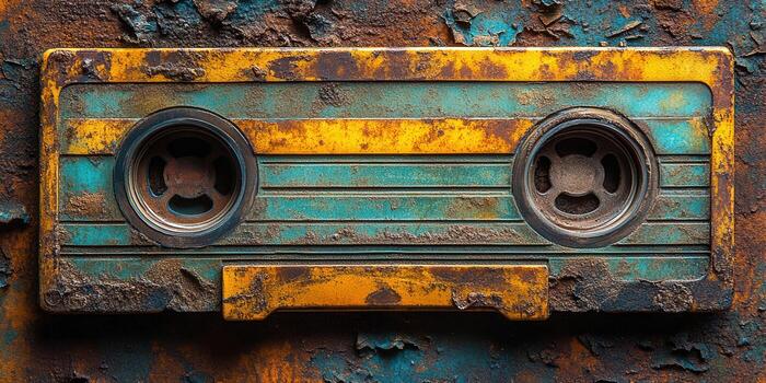 Close-up of an old, rusty cassette tape, highlighting its retro aesthetic and textured surface. photo