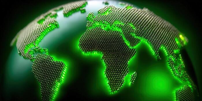 The illuminated green Earth, representing global connections and technological innovation. photo