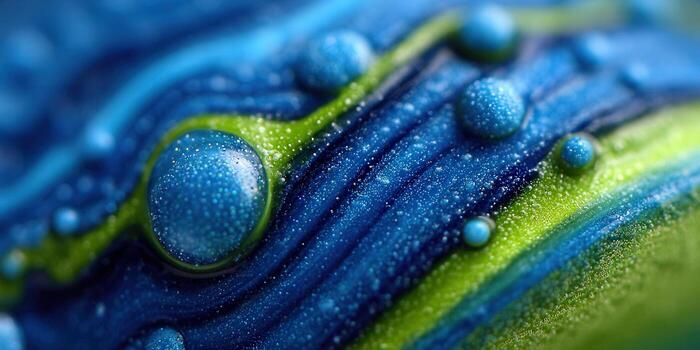 An artistic macro shot of blue and green liquid with water drops on the surface. photo