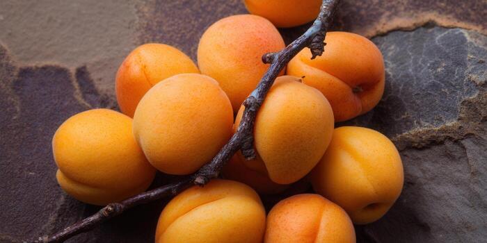 A beautiful arrangement of ripe, orange apricots on a textured, dark stone surface. photo