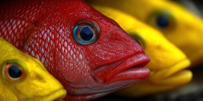 A striking image showcasing a close-up of a red fish, with yellow fish in the background. photo