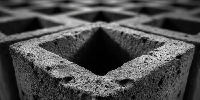 Detailed view of a textured concrete block pattern, creating a geometric design. photo